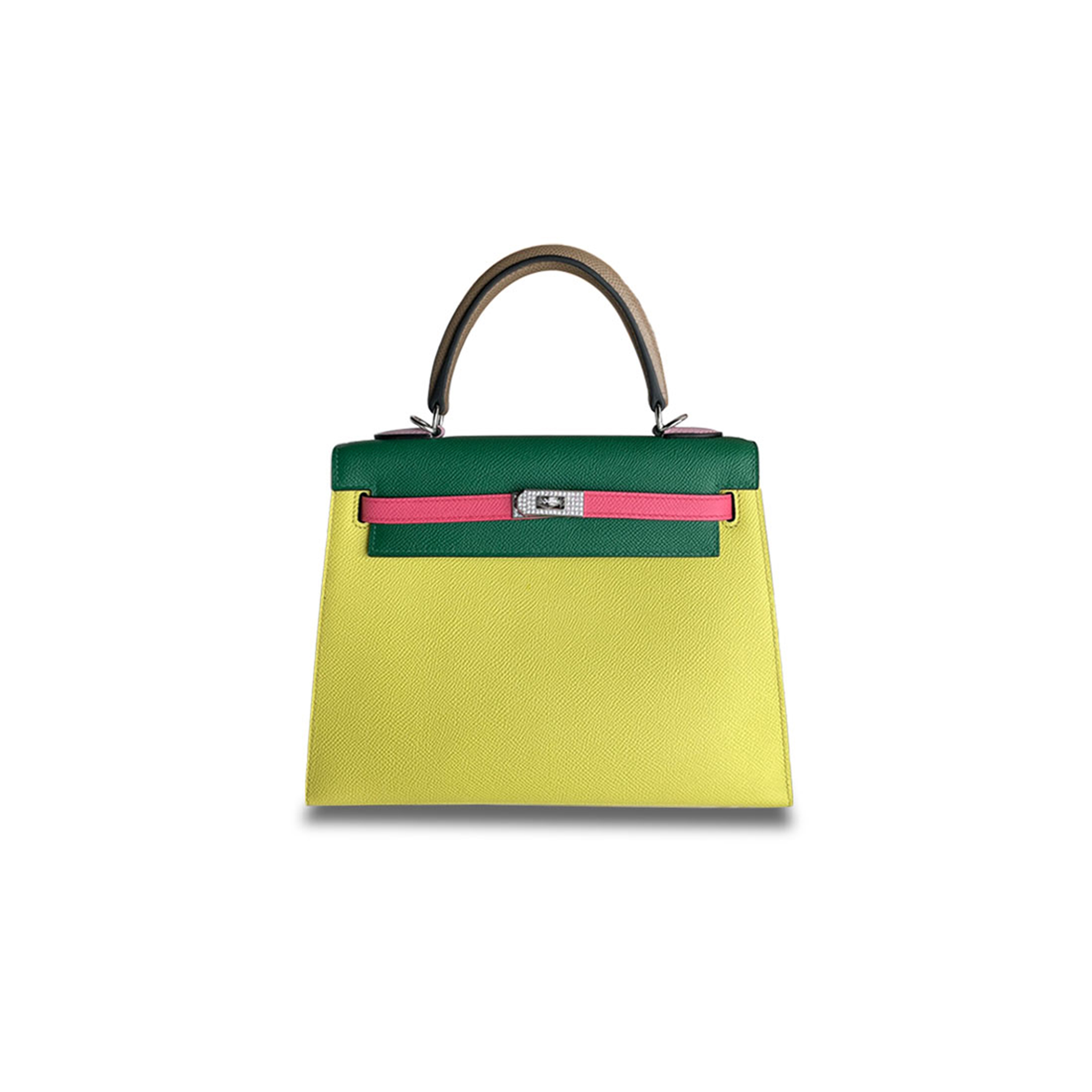 h**mes kelly 25 lemon yellow with cactus green epsom Di*m*nd buckle (25*17*7cm)